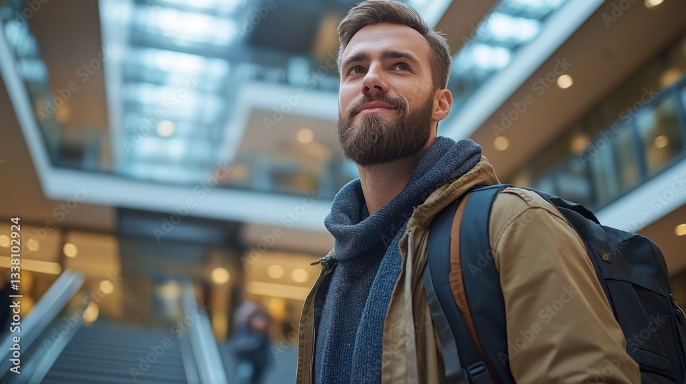 Fototapeta premium A young man with a beard, dressed casually, gazes upwards with a smile while surrounded by contemporary architecture in a lively urban setting, suggesting a sense of wonder and adventure
