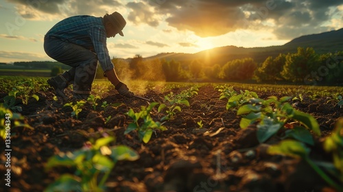 farmers examining crop in a field at sunset
