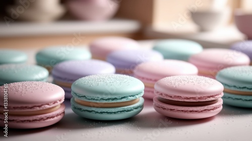 Exquisite Pastel Macarons in a Warm Kitchen - Generative AI