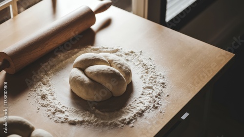 Cozy Bakery Workstation with Fresh Dough and Baking Tools