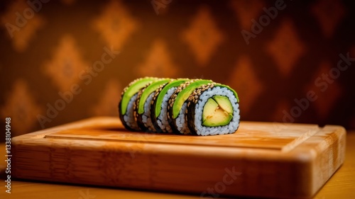 Plated Sushi Roll with Avocado and Sesame Seeds - Artful Japanese Cuisine - generative ai