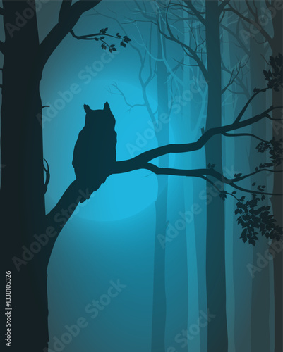 Vector night landscape with an owl in the forest against the moon