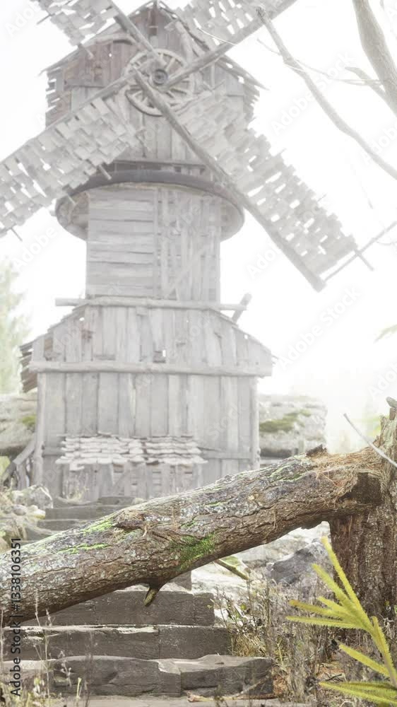 old traditional wooden windmill in the forest old traditional wooden windmill in the forest