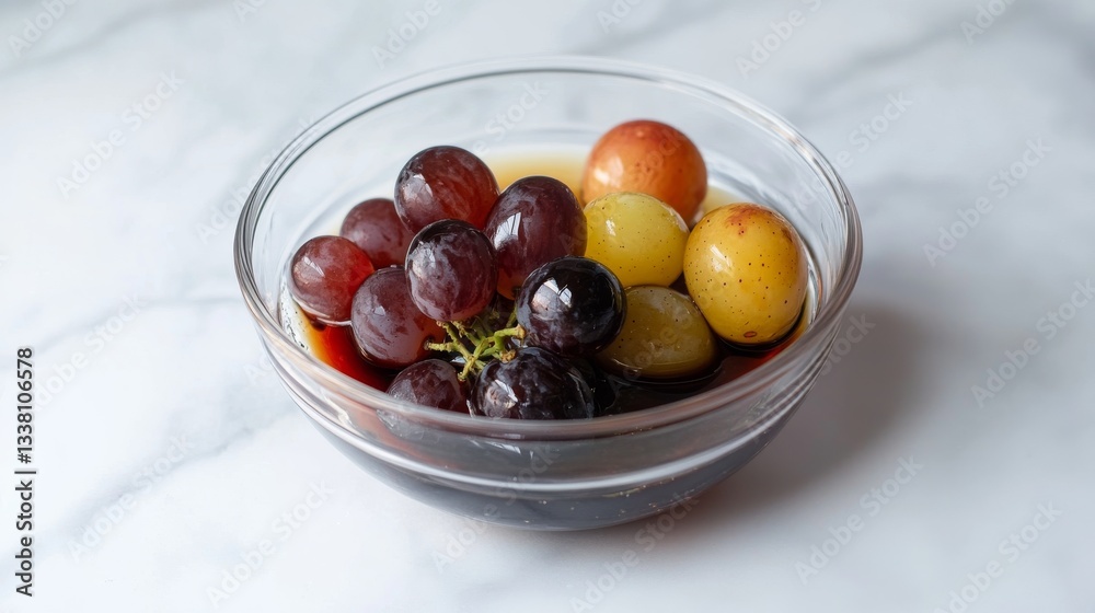 Balsamic vinegar poured into a glass sauce dish among the grapes. Balsamic vinegar poured into a glass sauce dish among the grapes.