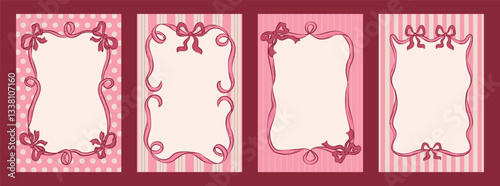 Collection of monochrome cards in vintage style. Hand drawn whimsical ribbon frames and gentle bows. Template for wedding, birthday and other holidays