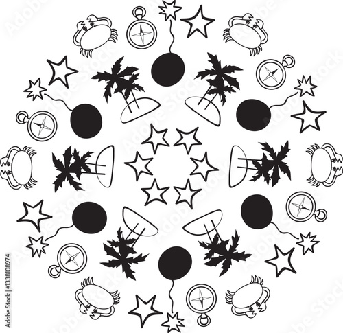 Seafaring motif, nautical mandala in doodle style.