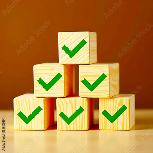 Check mark icons for jobs list on the face of wooden stacked blocks