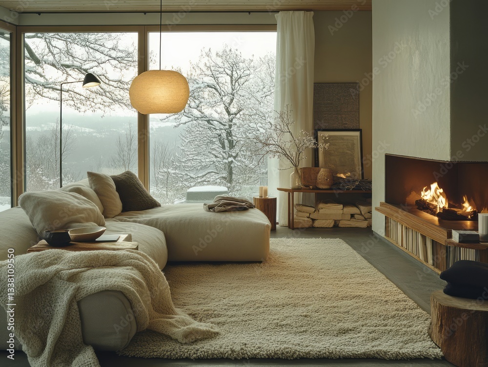 Fototapeta premium Cozy modern living room interior with fireplace and snowy view