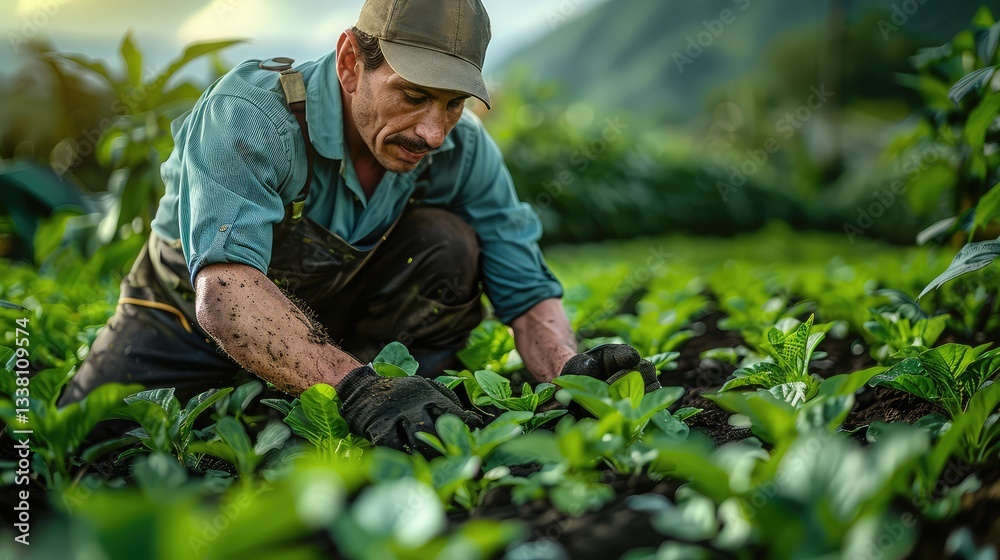 A man is working in a field of green plants A man is working in a field of green plants