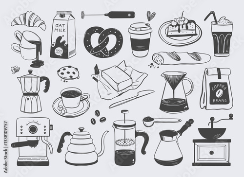 Coffee elements set. Coffeehouse stuff, machine, grinder, kettle, cezve, brewing tools, paper cup, mugs, bakery.