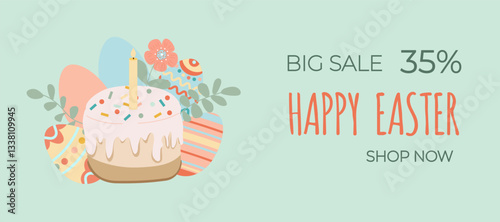 Happy easter sale. A delicious Easter cake with a burning candle, with easter eggs on green background. Can be add text. Design for banner, poster, postcard. EPS10.