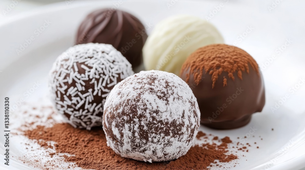Artisanal chocolate truffles with powdered cocoa in gourmet cafe Artisanal chocolate truffles with powdered cocoa in gourmet cafe