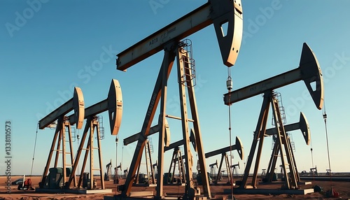Several oil derricks are working under a clear bright blue sky