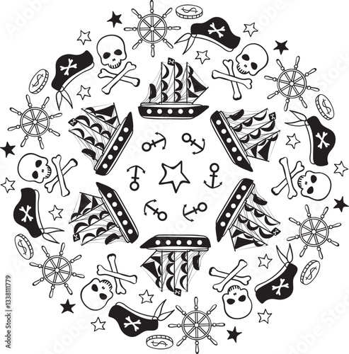 Marine decorative ornament. Nautical mandala in doodle style.