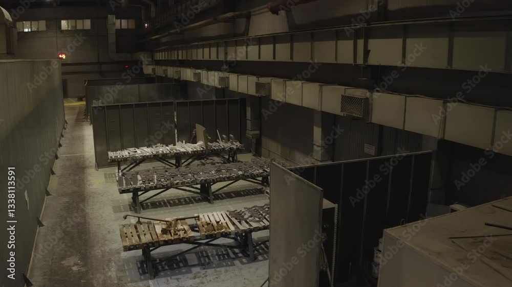 Remote section of hall shows storage with damaged scaffolding. Decayed structure tells of previous heavy use and contrasts with bustling main area Remote section of hall shows storage with damaged scaffolding. Decayed structure tells of previous heavy use and contrasts with bustling main area