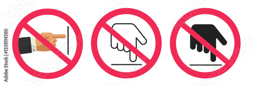 Do not touch stop sign icon vector simple graphic illustration set, dont push press hand with finger forbidden prohibit warning caution symbol pictogram shape image clip art line stroke outline solid