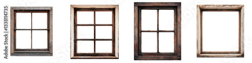 A collection of traditional rustic wooden window frames with intricate designs and clear glass panes showcasing the craftsmanship and style of classic architecture