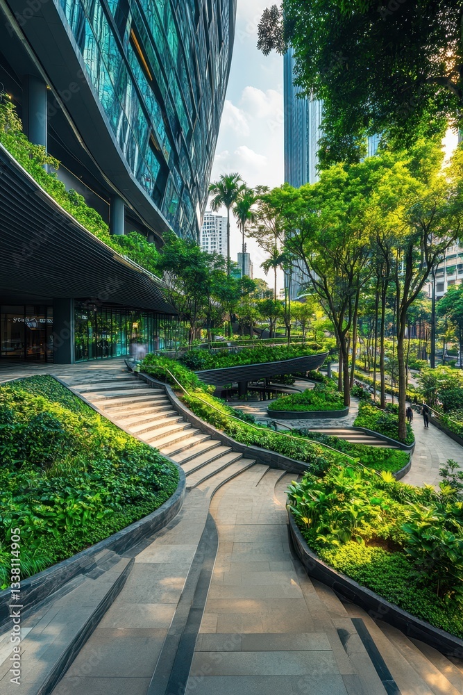 Fototapeta premium Lush green spaces nestled between luxury malls and complexes, offering a serene escape in urban settings.