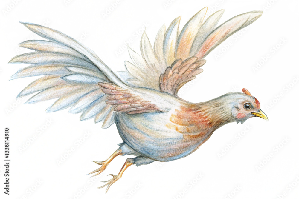Obraz premium Flying hen pencil illustration on transparent canvas