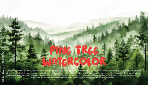 Watercolor green pine tree misty forest woods fog illustration art beautiful nature hills greenery scenic landscape