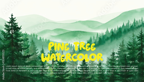 Watercolor green pine tree misty forest woods fog illustration art beautiful nature hills greenery scenic landscape