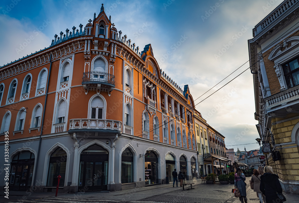 Naklejka premium Buildings in Art Nouveau style from end of 19th and beginning of 20th century in old town in Oradea, Romania