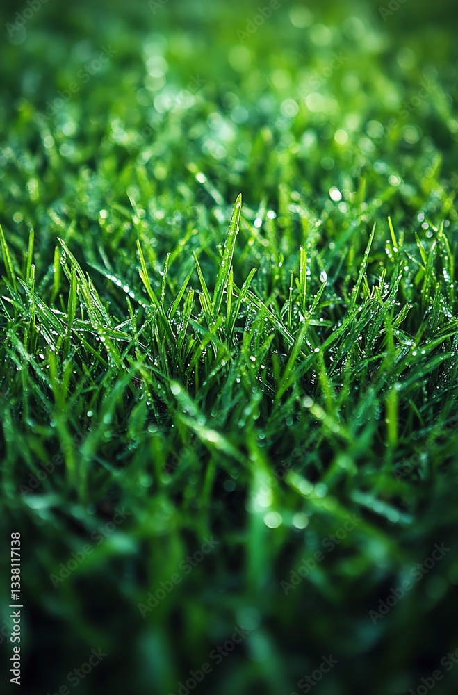 Fototapeta premium Fresh Green Grass Blades with Water Droplets Macro Lawn Detail