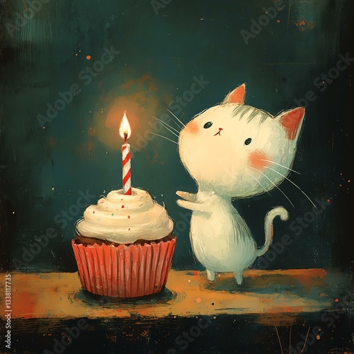 A cheerful cat celebrating with a cupcake and a candle, perfect for festive occasions.