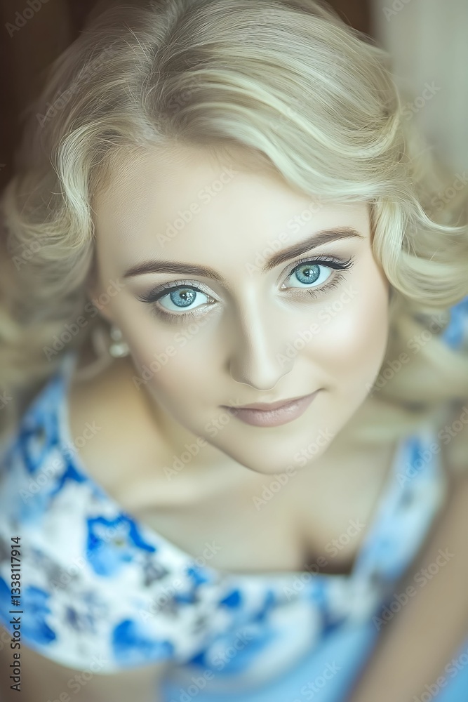 A close-up portrait of a woman with striking blue eyes, soft blonde curls, and a delicate expression. She wears a floral blue and white dress, exuding elegance and a dreamy, ethereal charm. A close-up portrait of a woman with striking blue eyes, soft blonde curls, and a delicate expression. She wears a floral blue and white dress, exuding elegance and a dreamy, ethereal charm.
