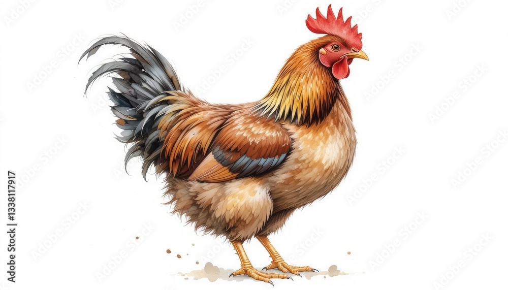 Fototapeta premium A bright rooster in watercolor technique stands on green grass, its golden brown plumage contrasts with a dark blue tail and red crest, creating a picturesque image.