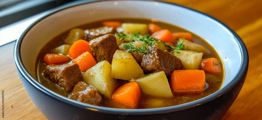 Delicious irish stew with beef, potatoes, carrots and herbs cooking in a bowl. Delicious irish stew with beef, potatoes, carrots and herbs cooking in a bowl.