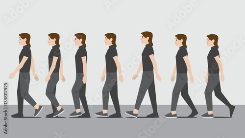 Animation of a woman in dark shirt and pants with  hands walking in side view showing the step cycle sequence