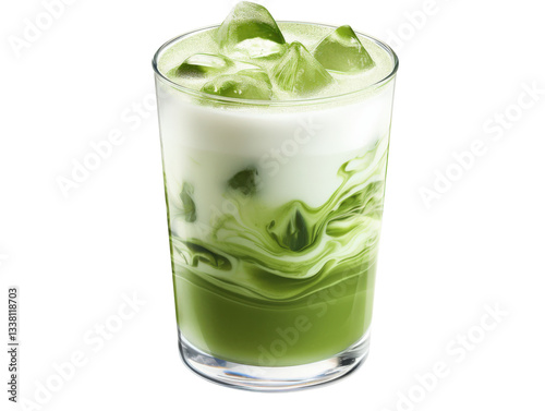 Creamy iced matcha latte with swirling green tea and milk. Refreshing and vibrant