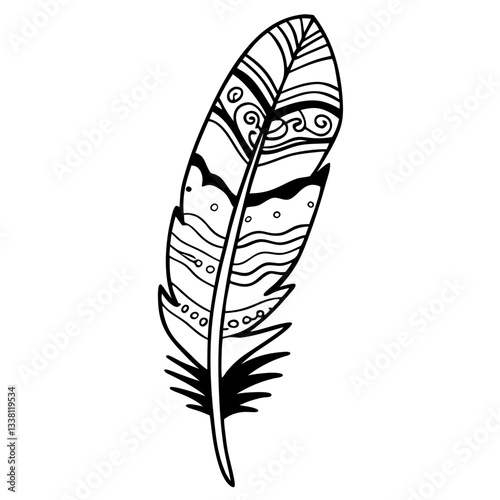 Hand-drawn feather with beach wave designs.