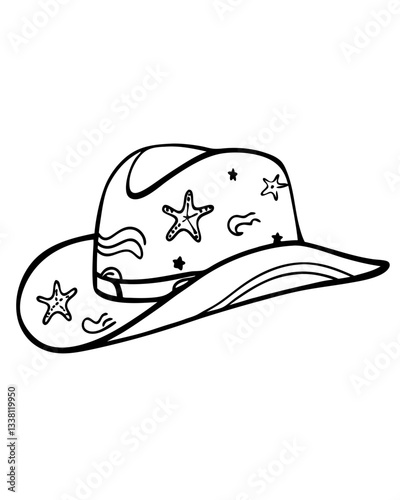 Playful outline doodle of a cowboy hat with starfish and wave designs.
