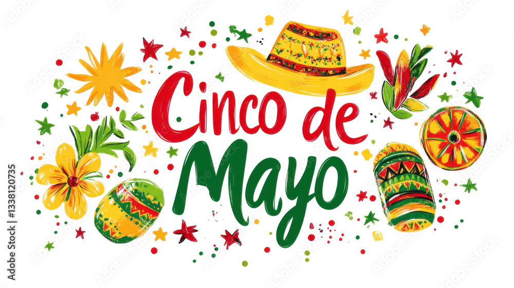 Festive Cinco de mayo celebration graphic with colorful hand lettered text isolated on white background Festive Cinco de mayo celebration graphic with colorful hand lettered text isolated on white background