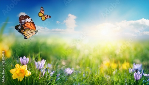 art beautiful blurred spring background nature with blooming glade butterfly and blue sky on a sunny day
