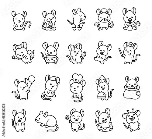 Adorable rat character set featuring various emotions, accessories, and activities, including smiling, sleeping, eating, drinking, holding objects, in a cute kawaii cartoon style
