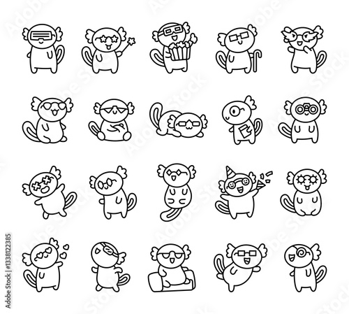Adorable axolotl glasses set featuring various emotions, fun accessories, and charming poses in a cute cartoon style for your creative character designs and artistic illustrations