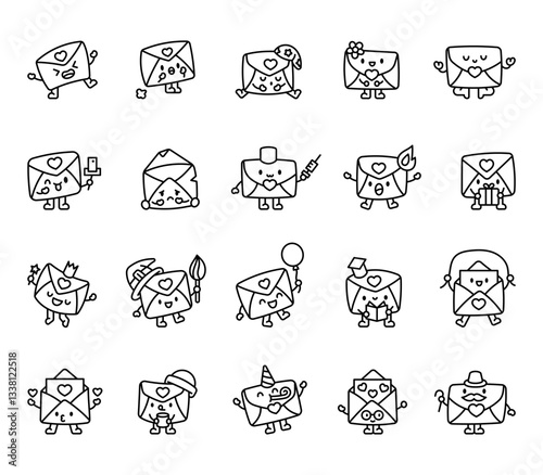 Love letter set featuring adorable kawaii cartoon characters with different emotions, fun accessories, and festive elements perfect for valentines day celebration and greeting cards