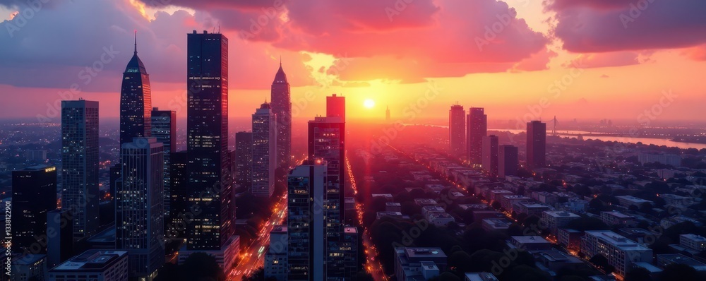 Fototapeta premium Midtown high-rise buildings, cityscape at sunset, panorama, landscape