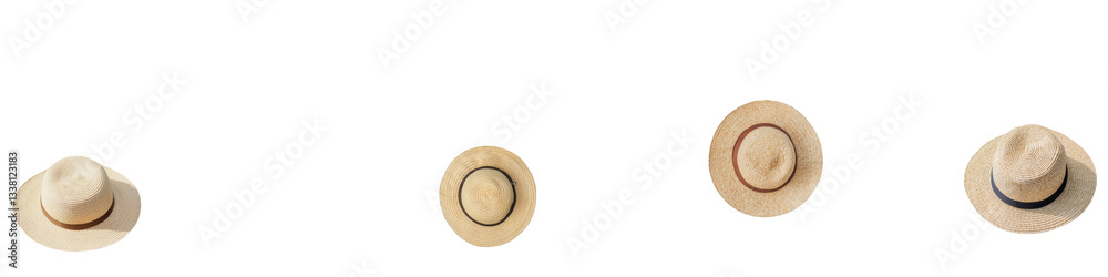 A group of stylish straw hats in various shapes and sizes arranged against a clean white backdrop showcasing the natural texture and summer inspired design of these classic fashion accessories A group of stylish straw hats in various shapes and sizes arranged against a clean white backdrop showcasing the natural texture and summer inspired design of these classic fashion accessories