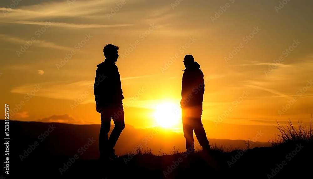 Two people silhouetted in front of a bright orange sunset Two people silhouetted in front of a bright orange sunset