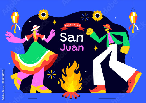 Fiesta de San Juan Vector Illustration Featuring the Celebration of Saint John's Feast with Bonfire, Fireworks, and Decorative Flags in a Background