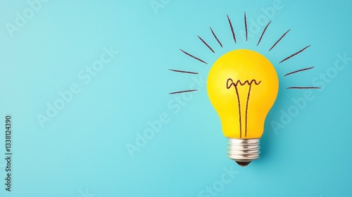 A bright yellow light bulb with doodle-style rays against a blue background, symbolizing creativity and ideas.