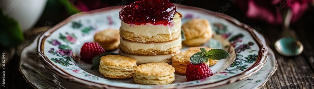Vibrant pudding, jam, and biscuits artfully arranged on a vintage plate, perfect for a delightful dessert display. Vibrant pudding, jam, and biscuits artfully arranged on a vintage plate, perfect for a delightful dessert display.