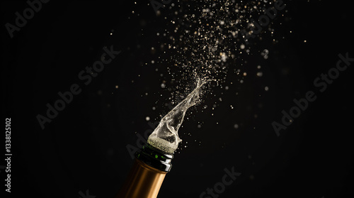 Champagne splashes dramatically against a dark backdrop, sparkling in a burst of bubbles and light.