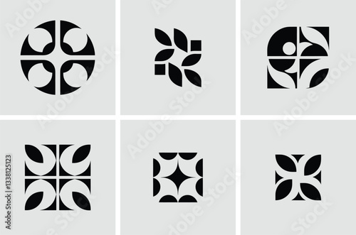 Abstract Geometric Pattern Elements: A collection of meticulously crafted, black and white geometric shapes and patterns are featured in a cohesive and visually engaging arrangement.