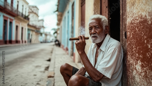 Elder Man Smoking a Cigar While Sitting Outside in Vintage Latin American Neighborhood