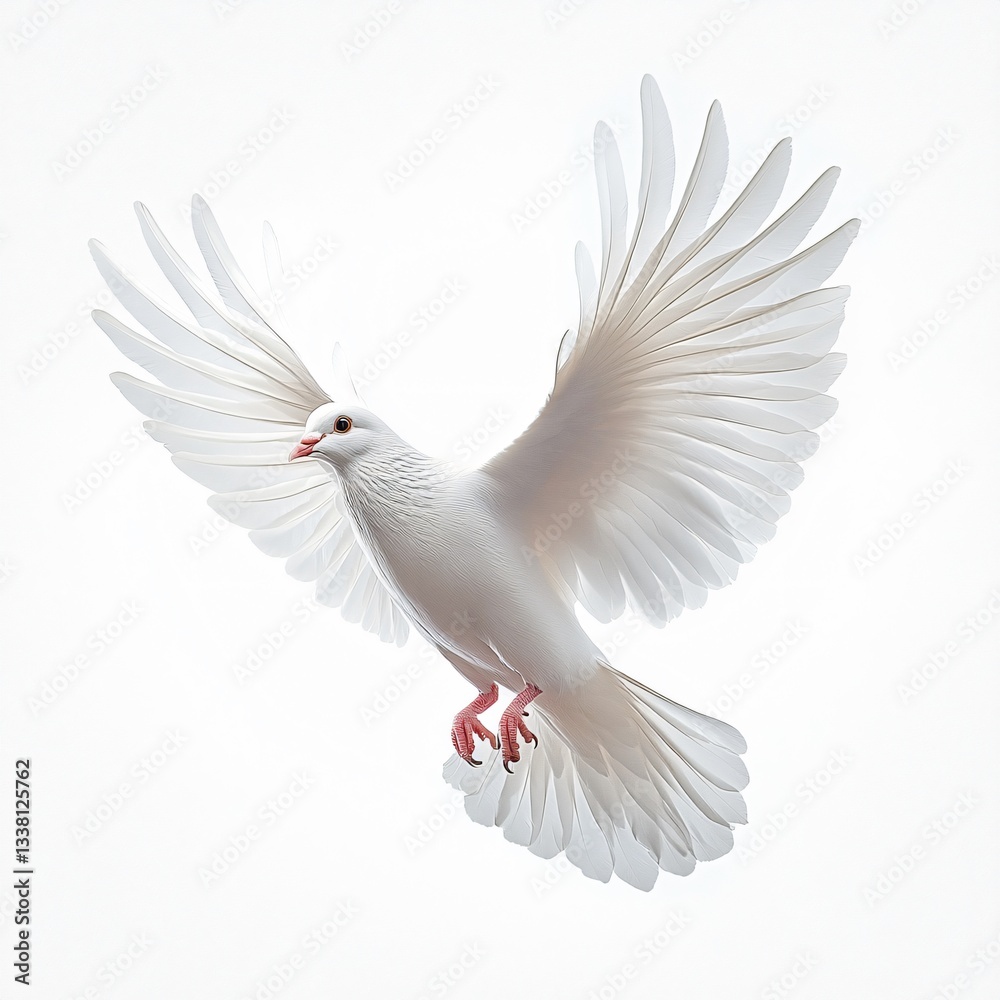Obraz premium A close-up of a white dove in mid-flight, symbolizing peace and purity. Ideal for designs related to peace events, religious themes, and minimalist aesthetics.